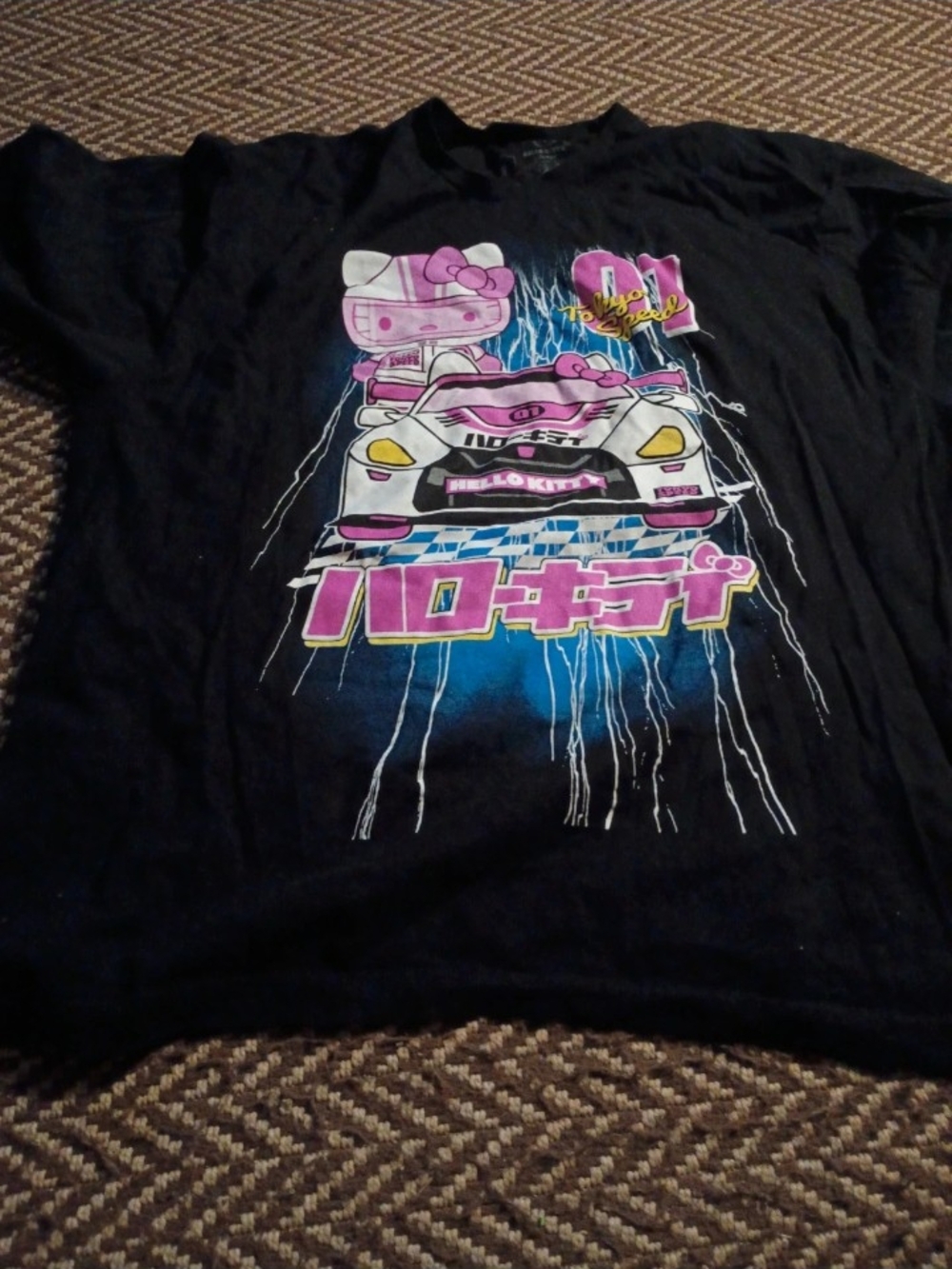 Hello Kitty Black Tee with Pink, Blue and White Racing Graphic